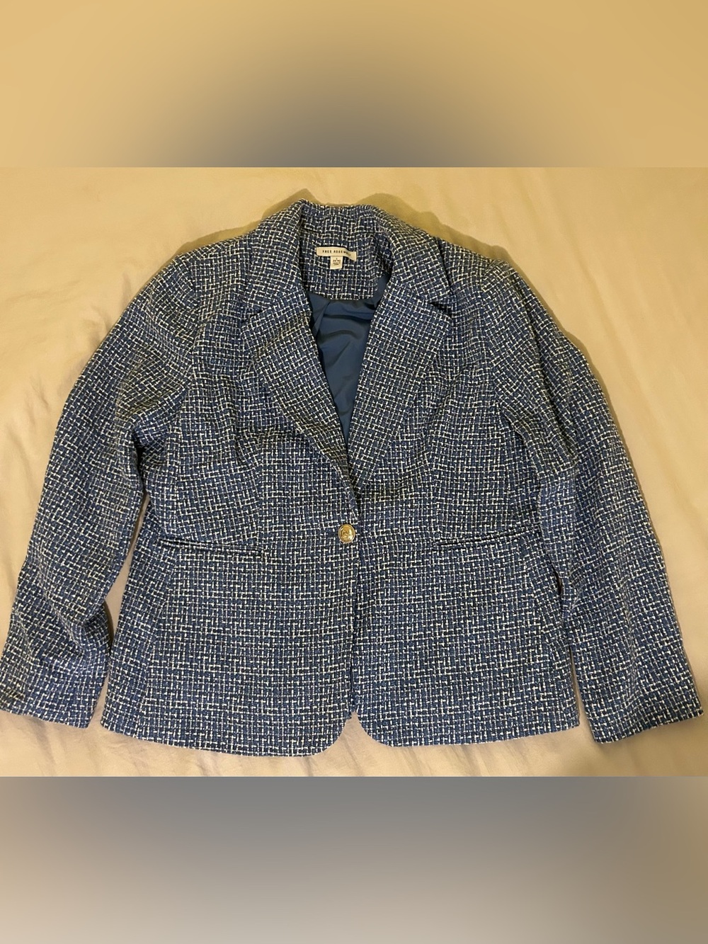 Free Assembly Blue/White Tweed Button Lined Blazer Jacket Women's L 12-14